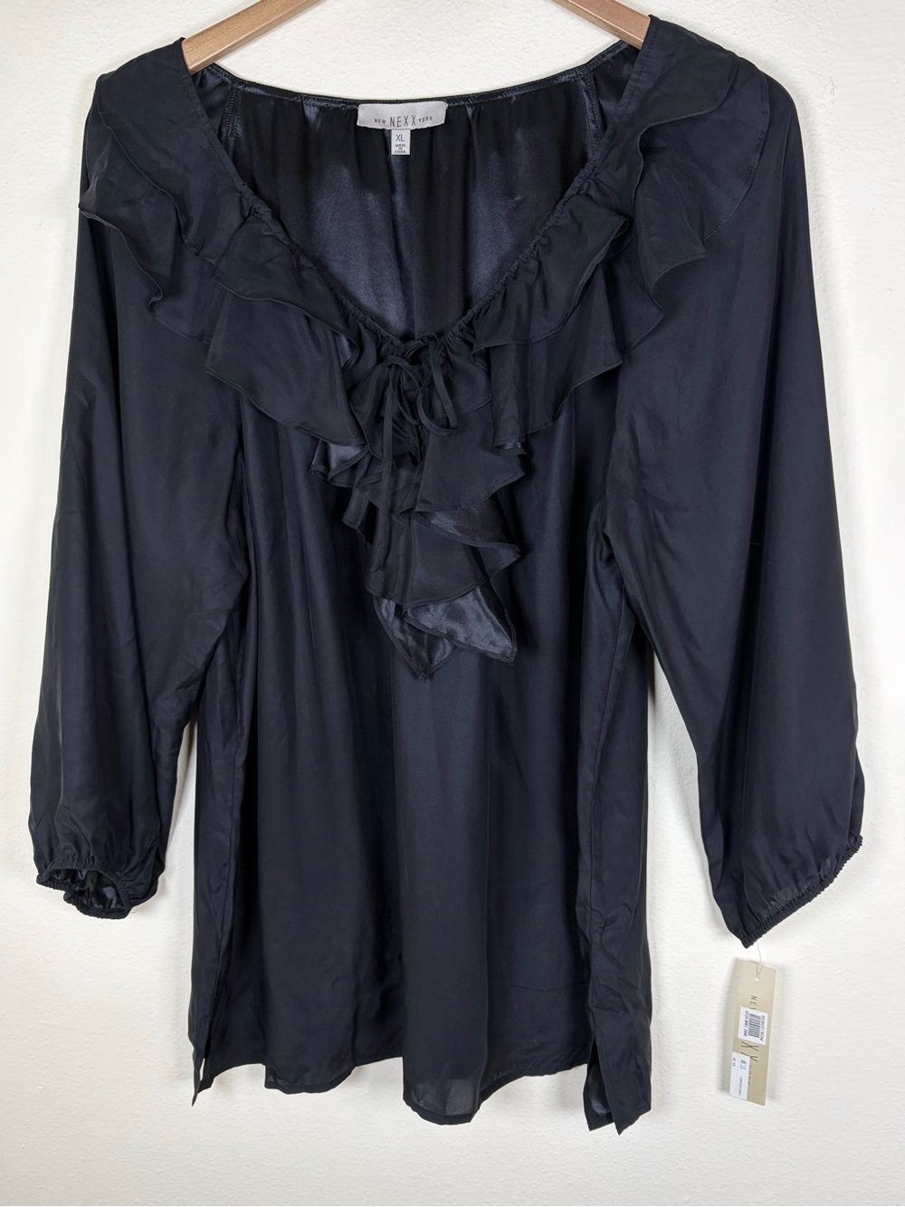 NEXX New York Black 100% Silk Ruffle Blouse XL NWT Romantic Boho Top
